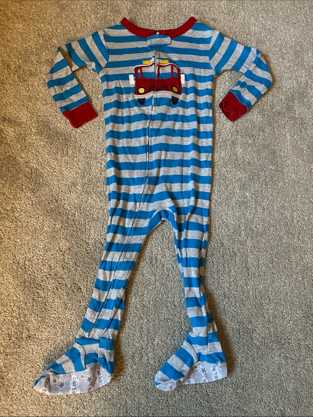Carter’s 18 M Striped Blue & Gray Kids One-Piece Footed Pajamas w/Red Firetruck